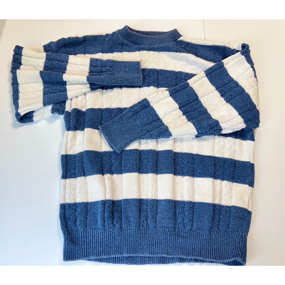Vintage Sears Roebuck Mens Blue White Striped Cable Knit Cotton Sweater Medium